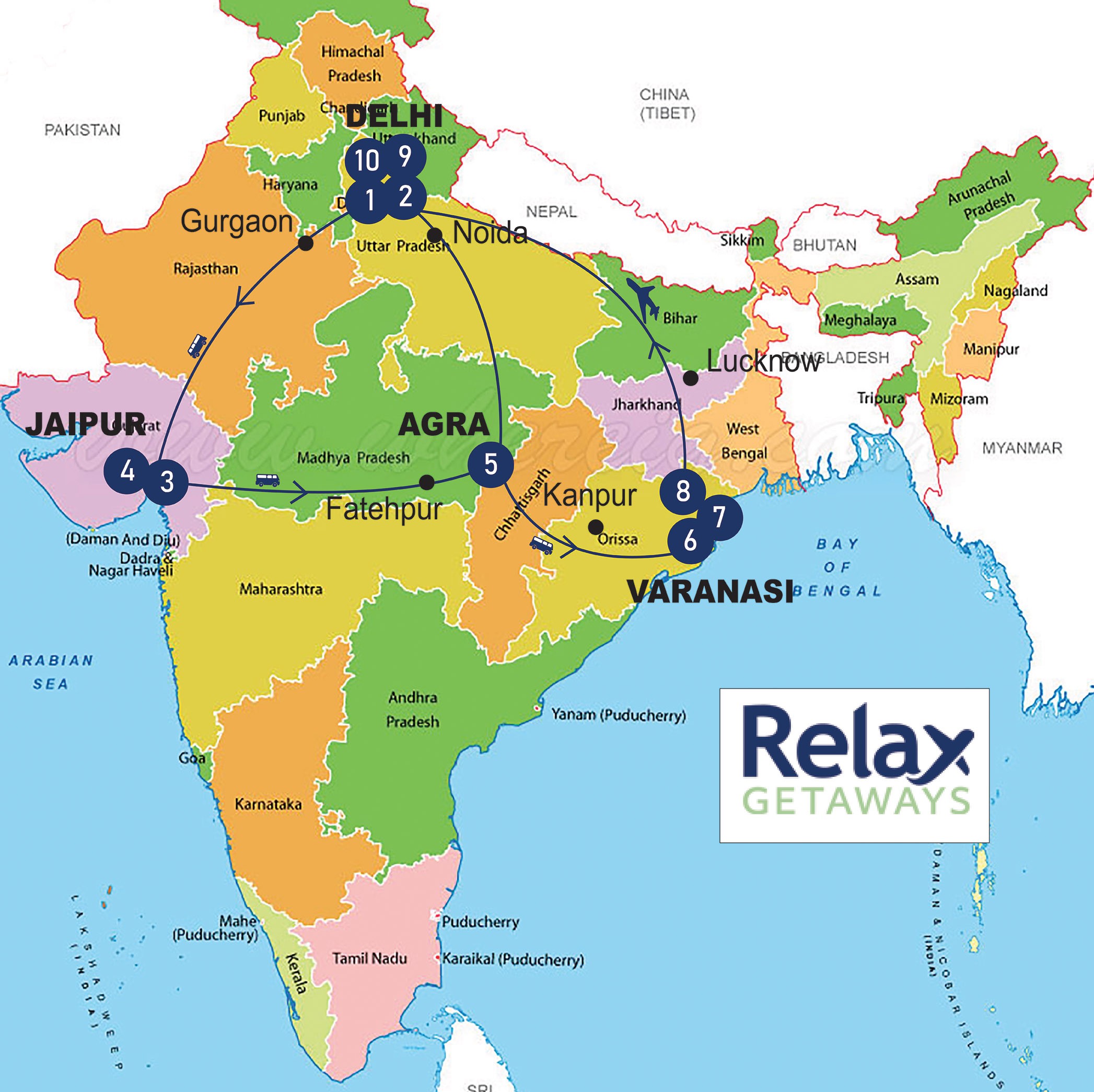 Golden Triangle India Tour with Holy city Varanasi map